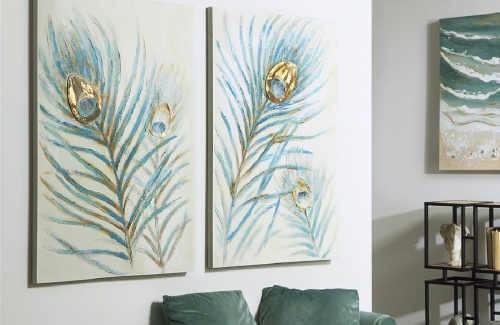 Cuadro al óleo representando plumas de pavo real